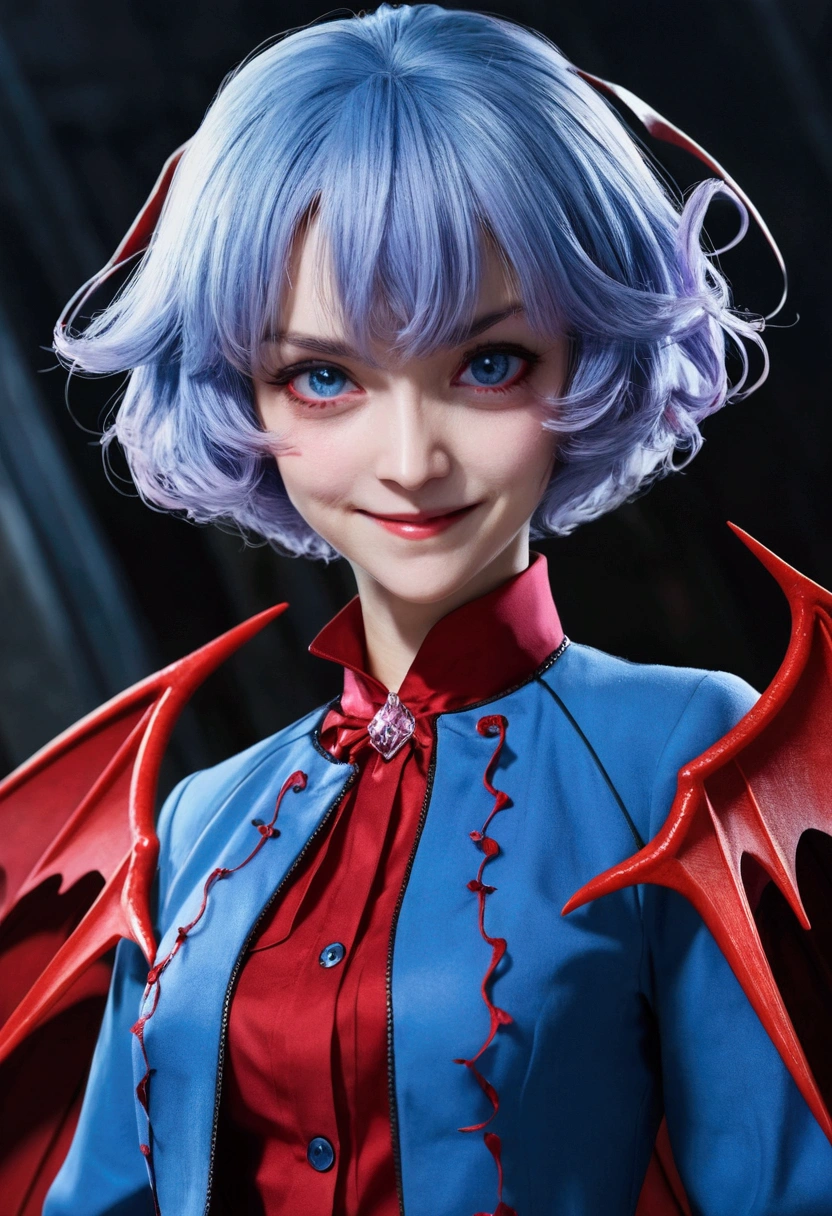 (((Remilia Scarlet))), (bat wings), (vampire), short hair, (((For the blue))), ((standing)), ((((face close up)))), ((jacket, Tight shirt)), evil smile,,