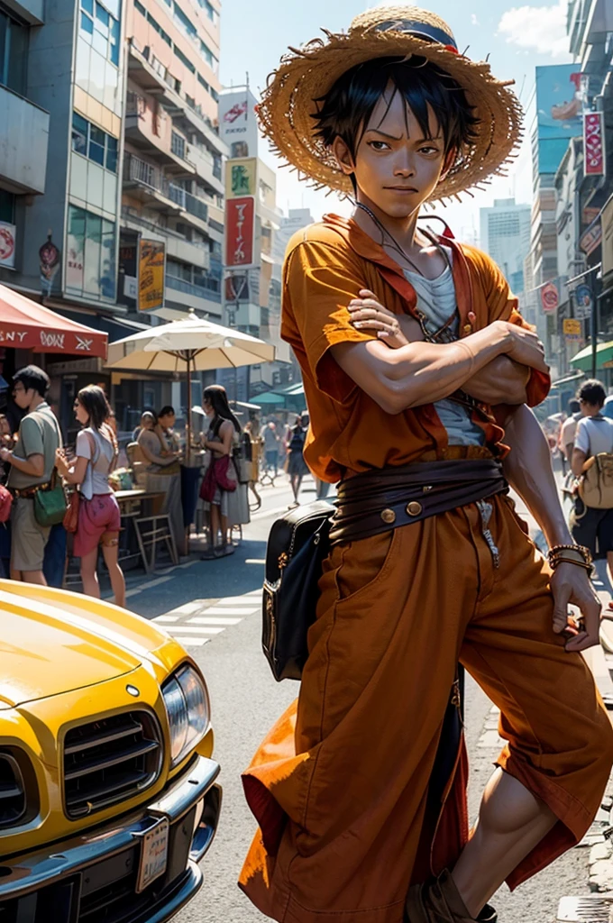 A strong Monkey D. Luffy stands confidently in the middle of a bustling city. His eyes are sparkling with determination and his lips are curled up in a mischievous smile. With his straw hat tilted to the side, he looks ready for an adventure. The medium chosen to depict this scene is digital illustration, ensuring vibrant colors and ultra-fine details. Surrounding Luffy, the cityscape reveals skyscrapers, busy streets, and colorful billboards, giving a lively atmosphere to the image. The image quality is of the best, with a high resolution of 4K or 8K, making it a masterpiece. The art style chosen is a mix of anime and concept art, capturing the dynamic essence of Luffy's character. The color tone is vibrant with a touch of warm hues to emphasize the energetic feel of the scene. The lighting focuses on Luffy, casting shadows that add depth to the image. 
