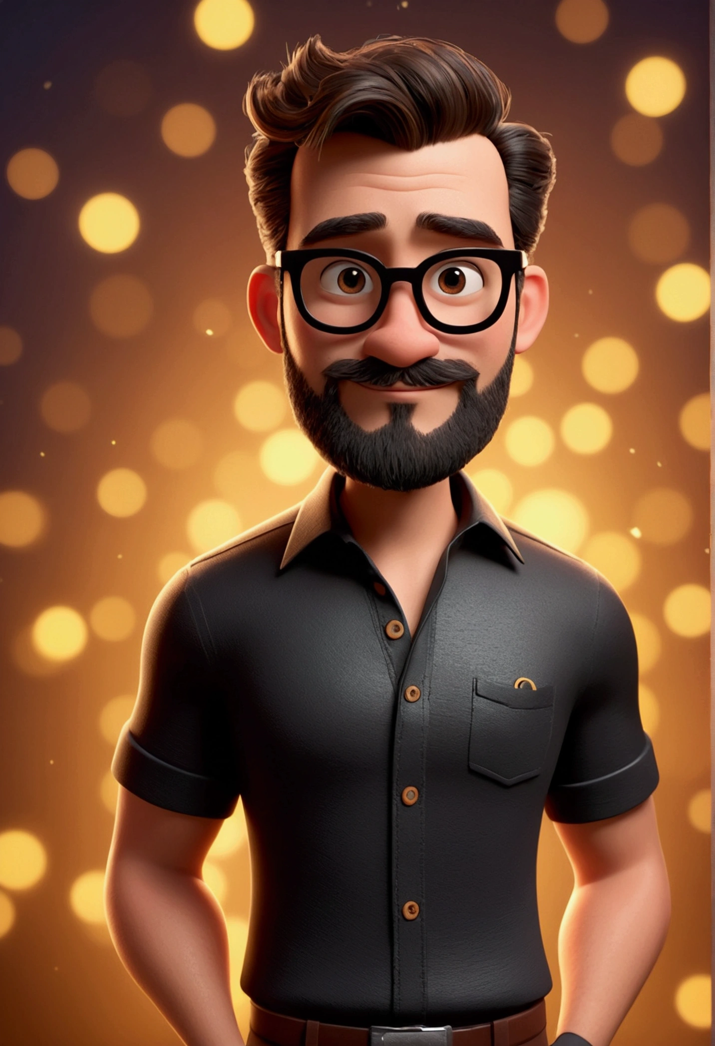 cartoon character de um homem com barba óculos preto e camisa preta, animation character, stylized character, animation style rendering, 3d stylized, Arnold Maya rendering, Stylized 3D rendering, toon render screenshot, 3d character, 3d character, Stylized 3D rendering, 3D character rendering, cartoon character, Character up close, character pose, (Pixar-style) (master part:1.2) (bokeh) (best qualityer) (skin detailed) (detailed texture) (8k) (Argilla) (cinematic lighting) (sharp focus)