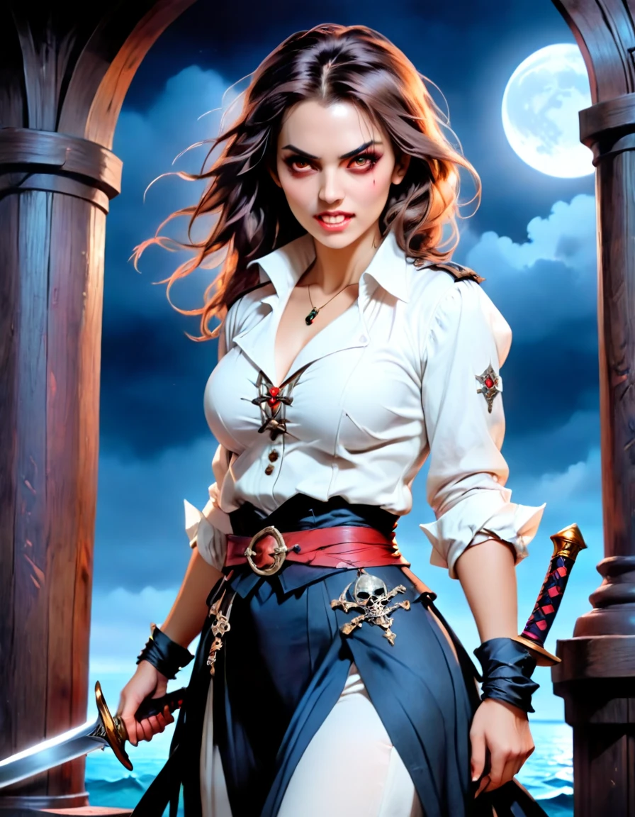 a portrait of a woman vampire pirate holding a (( bloody sword: 1.5)) on a pirate ship ready for battle, ((full body: 1.5)), ((anatomically correct: 1.5)), (ultra detailed face: 1.2), looking tense, looking dangerous,  dynamic eye color, glowing eyes, dynamic hair color, dynamic hair style dynamic skin complexion, wearing 18th century white button shirt, with (stains of blood: 1.3), busty , wearing  wearing high heeled boots, it is night time at sea, moon is high, some clouds,18th century pirate ship background,  vibrant, Ultra-high resolution, High Contrast, (masterpiece:1.5), highest quality, Best aesthetics), best details, best quality, highres, 16k, (ultra detailed: 1.5), masterpiece, best quality, (extremely detailed) RAW, (ultra details, Masterpiece, best quality), Hyperrealism style, holding sword, Intense gaze, holding sword rapier, vampire teeth, BloodSoakedAI, holding sword, Dark Art Painting Style, vampire teeth