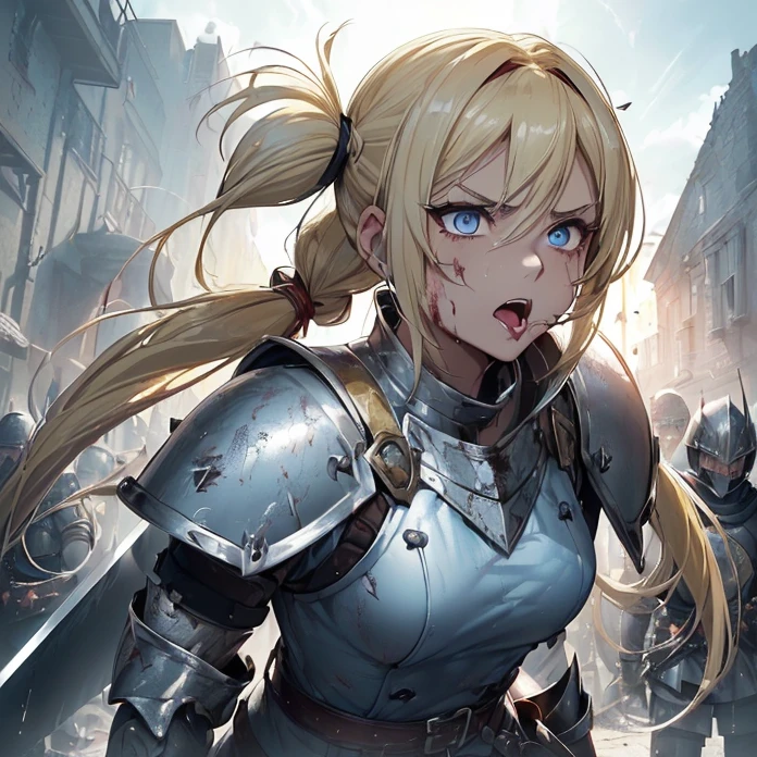 High Resolution, Masterpiece, fantasy genre, HD, High Quality, Backlighting, Overexposure, Optical Illusion, Silhouette,
Anime Style, Apocalypse, Chaos, Digital Art, Multiple Views, warhammer fantasy aesthetic
{{((43 years old french soldier woman: ((blonde hair tied in two twintails, thin lips, beautiful face, furious face, beautiful light-blue eyes, screaming angry, blood on her face and mouth) steel kettle hat, yellow tunic, silver shoulder plates, silver elbow plates, silver steel belt, silver gauntlets(sharp steel tear shield, knight long sword)), (fighting, attacking with her his sword and blocking with her shield),(fire around the hill, several male and female foot soldiers, afternoon sky))}}