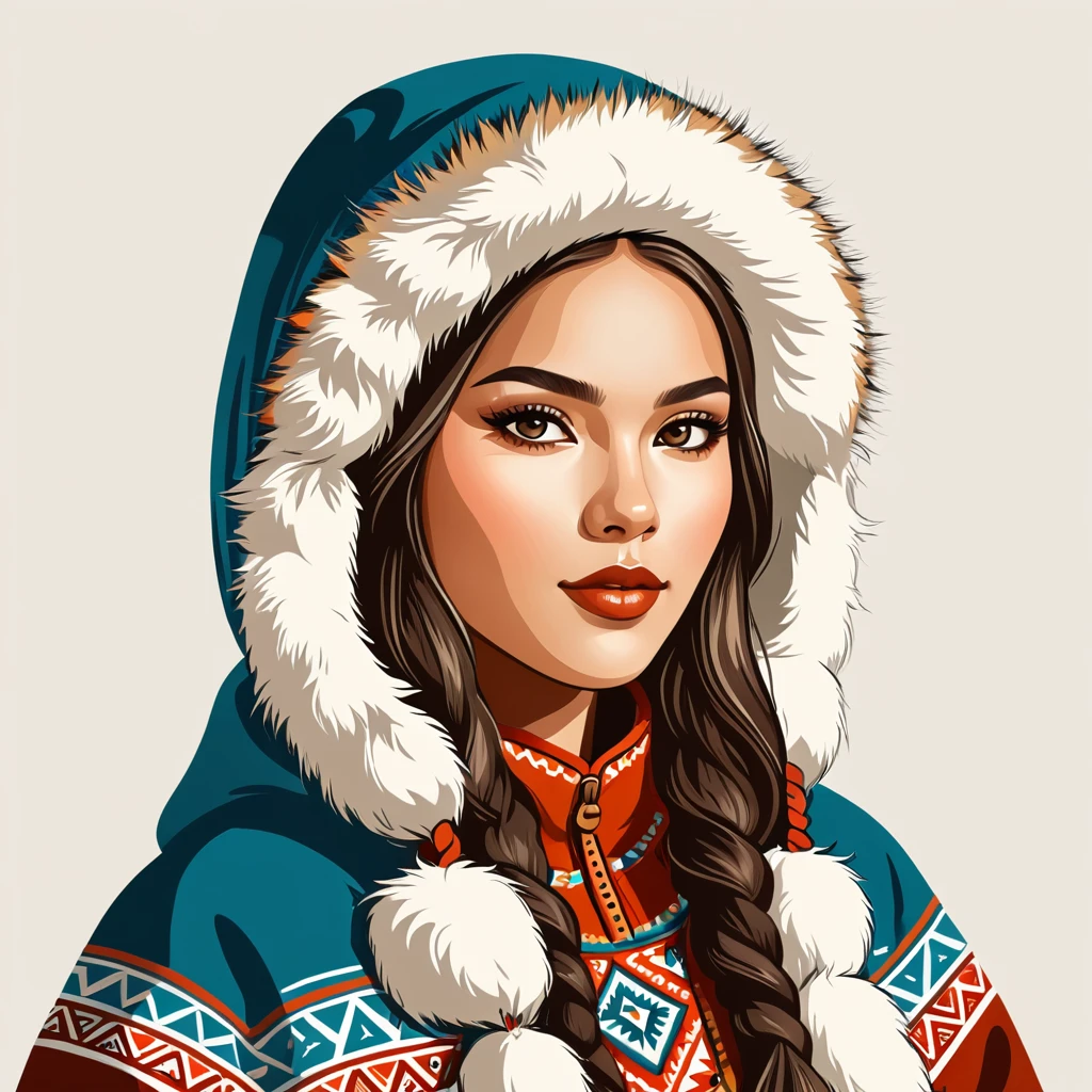 woman in eskimo folk outfit, vector graphics, strong contours, logo design
