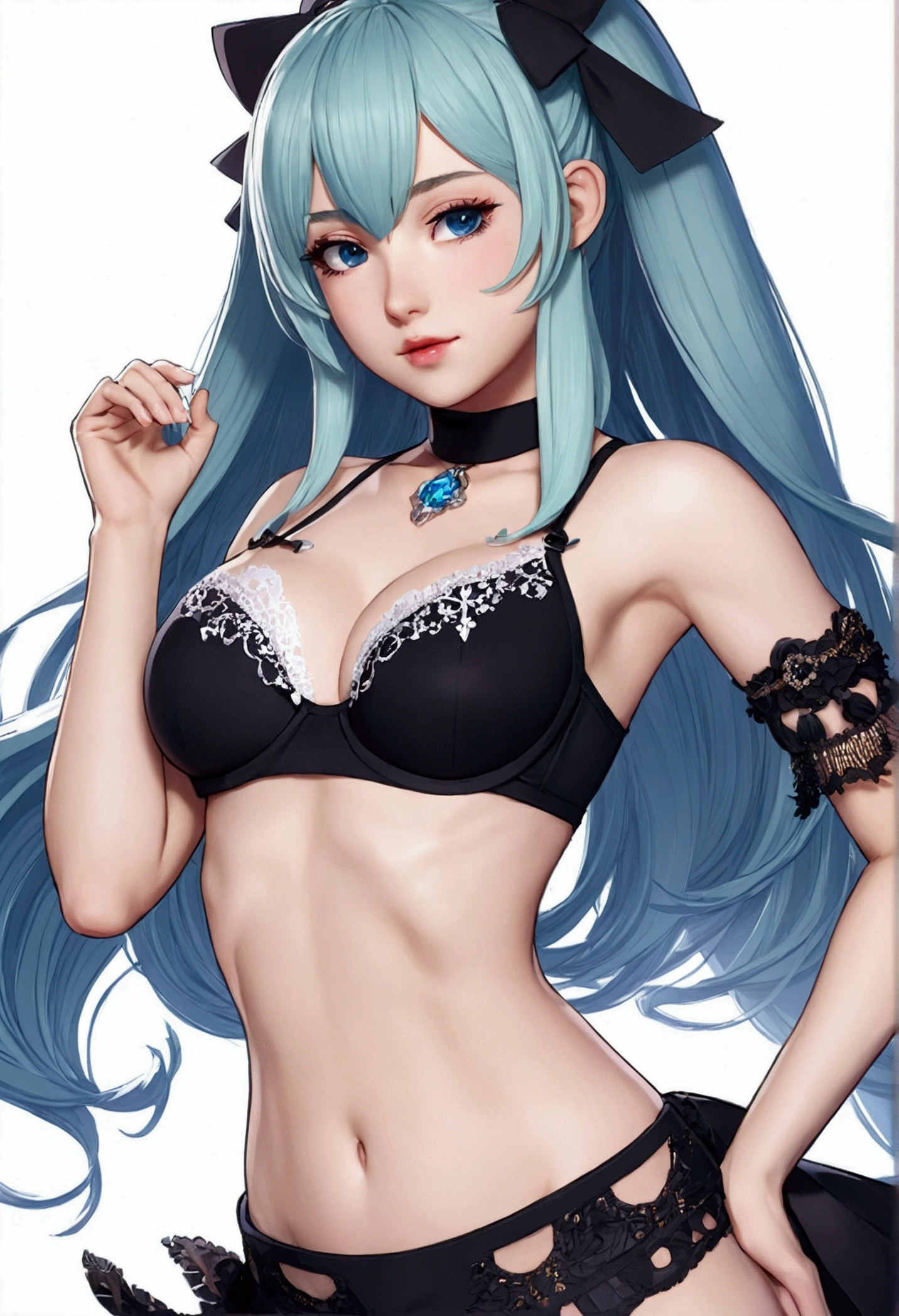 poppy vtuber in black bra and crop top vtuber character half body dertailed