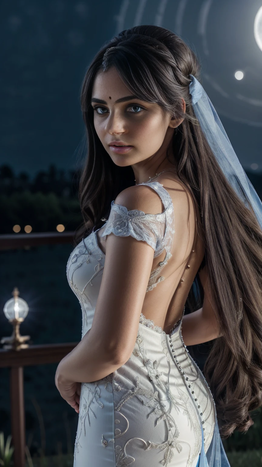Beautiful girl, Oval face, Big eyes, Long eyelashes, bangs, Cool, imperious, hourglass figure, healthy figure, full body shot, Exquisite (Realistic style), Extreme face, Photorealistic light and shadow, Star-like eyes, Wears long loose black curls and waist, (hair flowing) Shiny jewelry, (Blue starry sky with a full moon background), Wearing a light blue wedding dress, Shoulder, back, Facing the camera, Beautiful, Extremely high quality, Cinematic view, 8K resolution