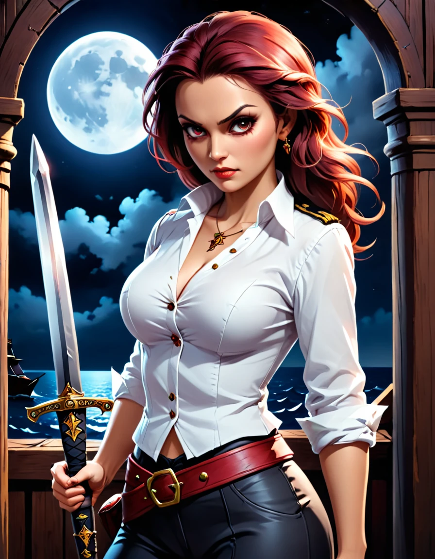 a portrait of a woman vampire pirate holding a (( bloody sword: 1.5)) on a pirate ship ready for battle, ((full body: 1.5)), ((anatomically correct: 1.5)), (ultra detailed face: 1.2), looking tense, looking dangerous,  dynamic eye color, glowing eyes, dynamic hair color, dynamic hair style dynamic skin complexion, wearing 18th century white button shirt, with ((stains of blood: 1.3)), busty , wearing  wearing high heeled boots, it is night time at sea, moon is high, some clouds,18th century pirate ship background,  vibrant, Ultra-high resolution, High Contrast, (masterpiece:1.5), highest quality, Best aesthetics), best details, best quality, highres, 16k, (ultra detailed: 1.5), masterpiece, best quality, (extremely detailed) RAW, (ultra details, Masterpiece, best quality), Hyperrealism style, holding sword, Intense gaze, holding sword rapier, vampire teeth, BloodSoakedAI, holding sword, Dark Art Painting Style