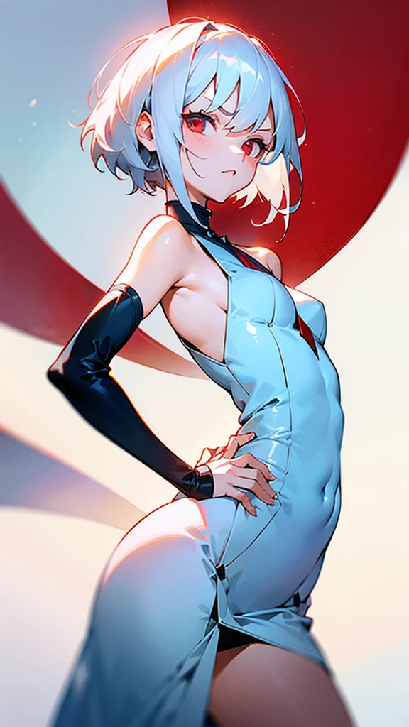 a girl with short white hair shoulder-length, red eyes, wearing a white dress cute angry put hands on her hips