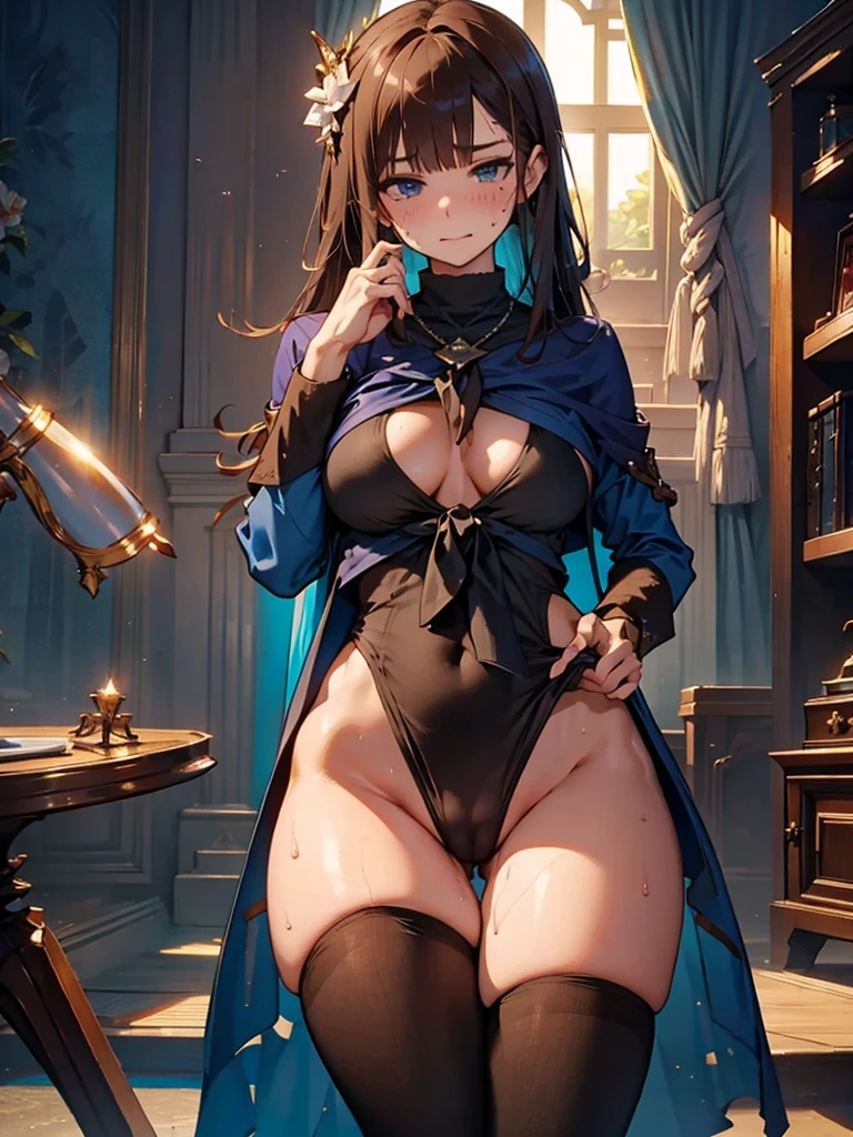 ((masterpiece, Highest quality)), Detailed face, Character Sheet, peeing, squatting, ((((Emphasizes sexy crotch:1.35)))、((((Spread your legs wide、Touching the thigh、Lots of pubic hair revealing the crotch、large pointy breasts)))), Embarrassing, blush,黄色いPee, (sweating:1.4),nude, Pee,