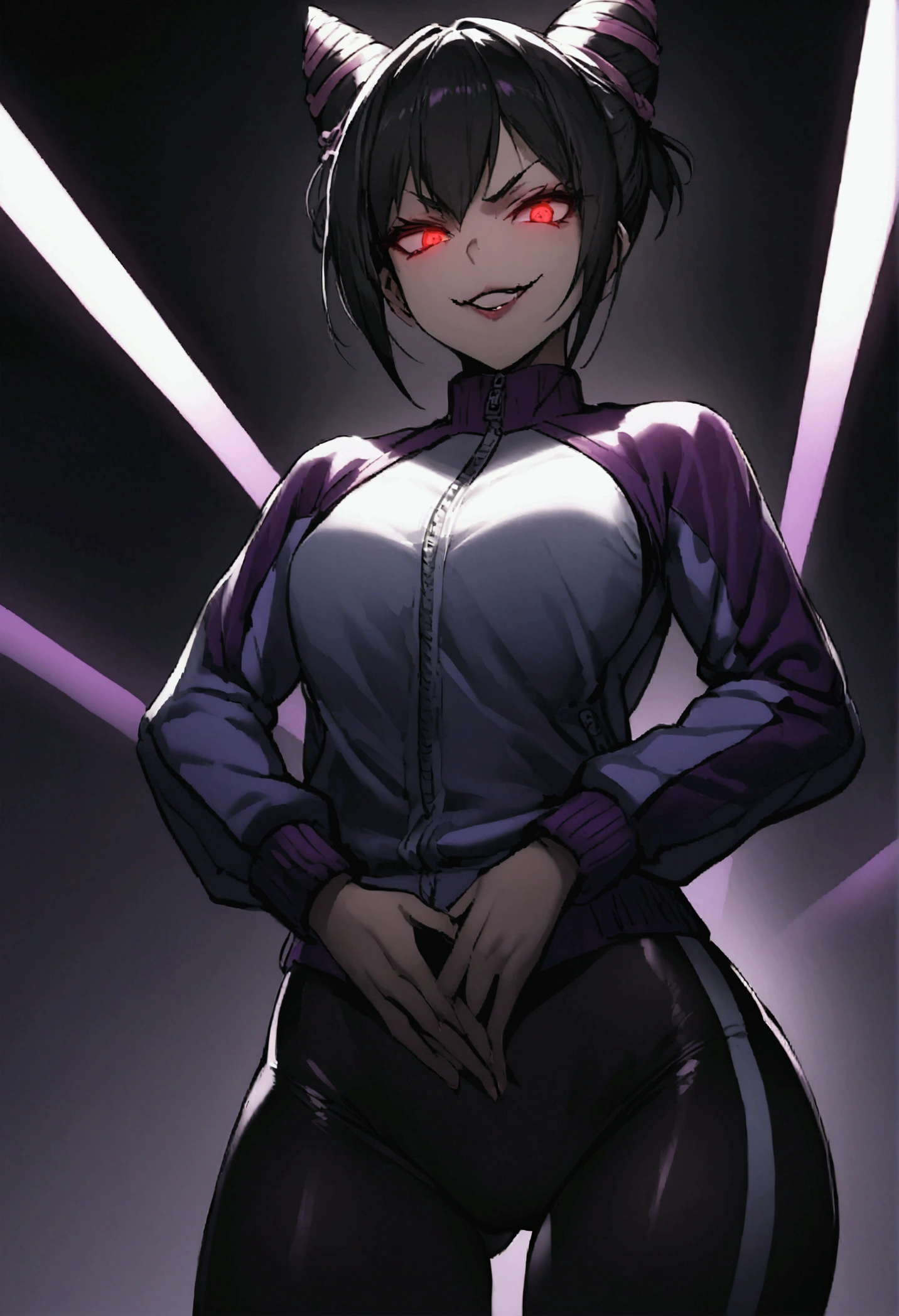 beautiful young fitness woman with , in a gym wearing May with black pantyhose, tight white and purple gym jacket. standing alone,hair horns,red eyes glowing,Evil smile,legging preto ,labiaa,dark eye shadow,shining eyes,hands on waist