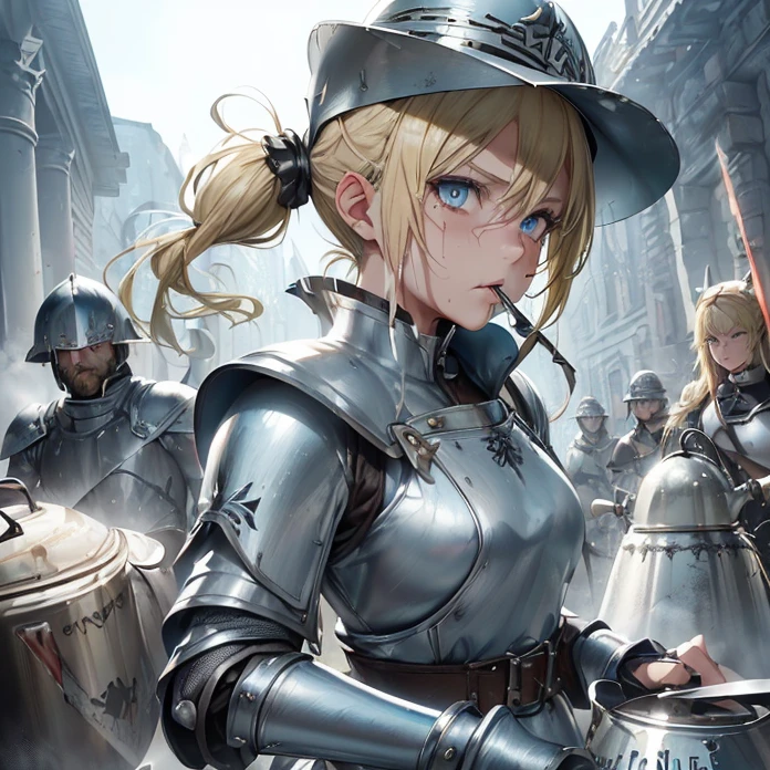 High Resolution, Masterpiece, fantasy genre, HD, High Quality, Backlighting, Overexposure, Optical Illusion, Silhouette,
Anime Style, Apocalypse, Chaos, Digital Art, Multiple Views, warhammer fantasy aesthetic, multiple views
{{((43 years old french soldier woman: ((steel kettle-hat, blonde hair tied in two twintails, thin lips, beautiful face, furious face, beautiful light-blue eyes, blood on her face and mouth) steel kettle hat, yellow tunic, silver shoulder plates, silver elbow plates, silver steel belt, silver gauntlets(sharp steel tear shield, knight long sword)), (fighting, attacking with her his sword and blocking with her shield),(fire around the hill, several male and female foot soldiers, afternoon sky))}}