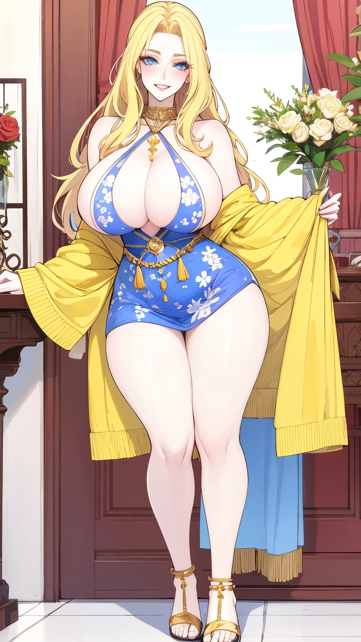 An extremely beautiful stunning woman with a perfect busty body, gold blonde long silky hair, big blue eyes, extremely super bright snow white fair stunning flawless glowing lush shiny white skin, a perfect tight hourglass figure, and a skinny waist, sexy thick smooth luscious legs and thighs, extremely cute smile on the face, bright pink blushes on cheeks, wearing a short revealing sky-blue floral dress with a yellow off-shoulder tan cardigan, pink flipflop sandals, gold necklace on the neck, gold anklets on feet, gold chain on the waist, standing straight, holding a red rose, living room in the background, show full body from head to feet.