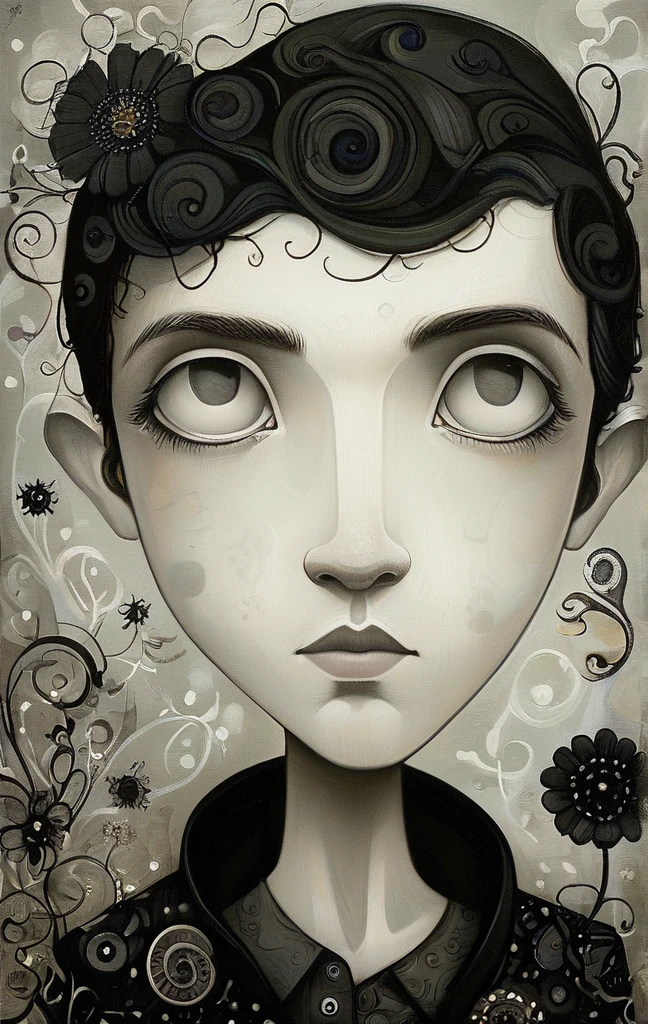 masterpiece,best quality,illustration,style of Jeremiah Ketner, portrait of man,grayscale