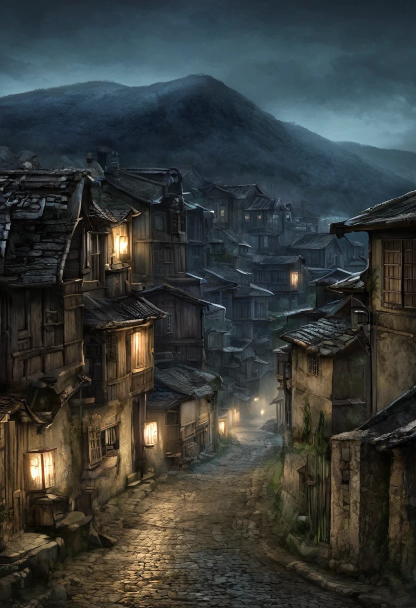 Poor small mountain village streets, villagers, old houses, very detailed, night, gloomy, terrifying, overlooking