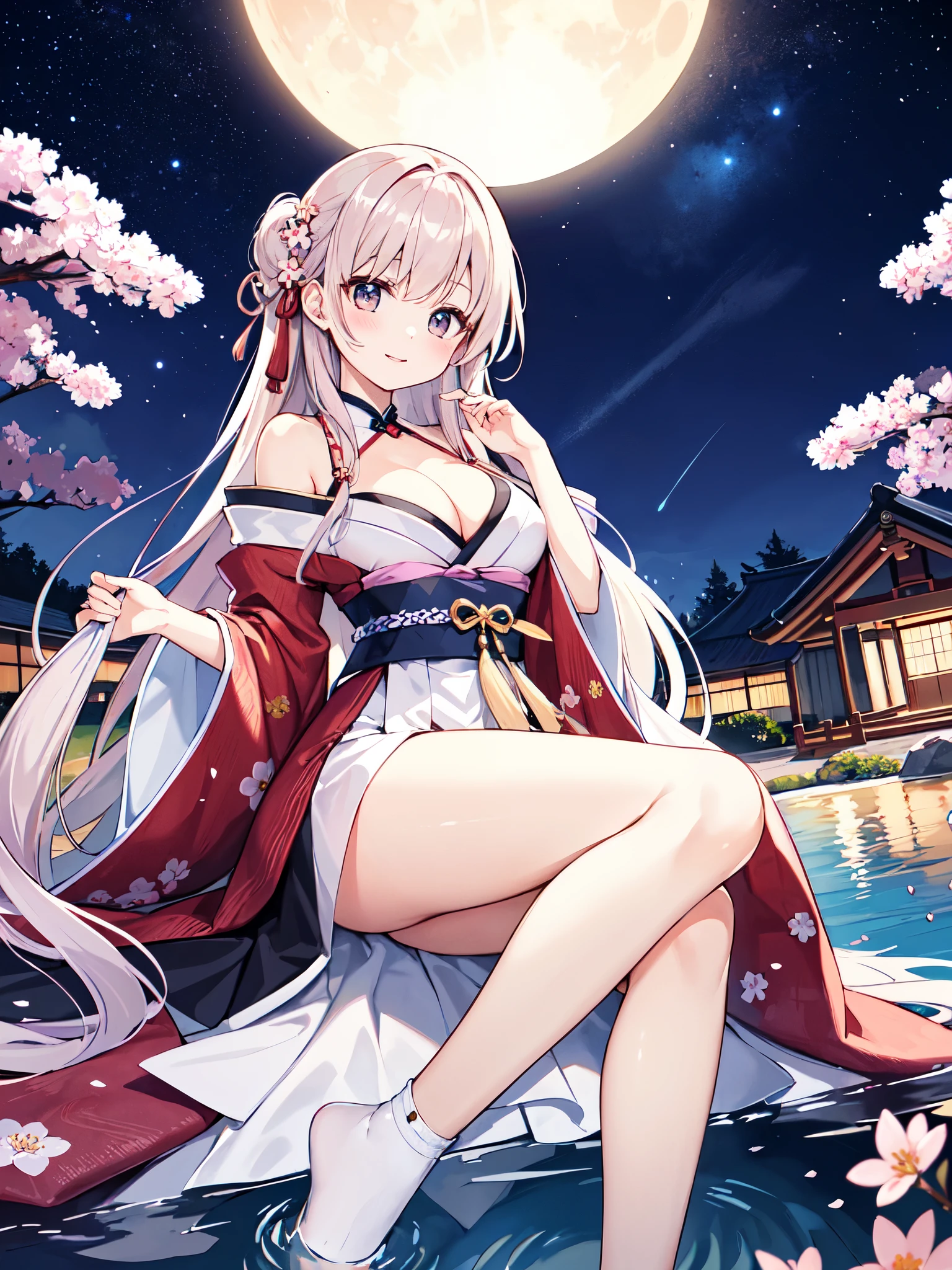 （masterpiece）、(Highest quality)、((Very detailed))、(Very delicate)、Beautiful shiny hair、Beautiful breasts、Gorgeous Japanese clothing、Her shoulders were exposed.、Cleavage、Looking up from below、By the pond at night、Amazing starry sky、Fantastic Moon、Blooming cherry blossoms