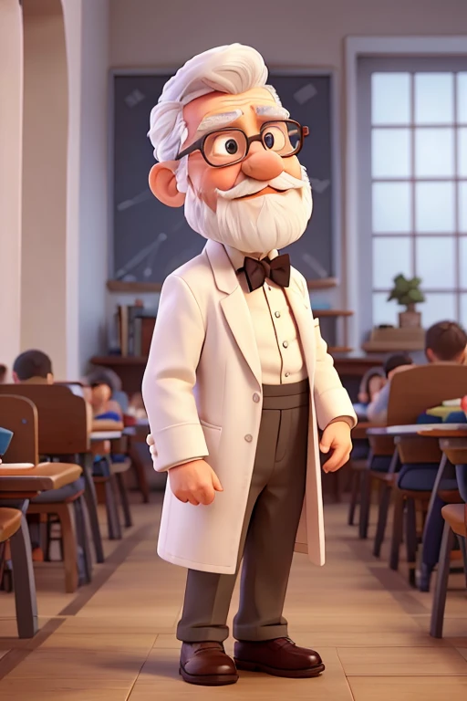 arms raised, hands in the air, little man, in profile, to the side, short, talking a lot, chatty, 70 years old, has white hair, white mustache, white beard, teacher, wearing a white coat and bow tie, wears glasses