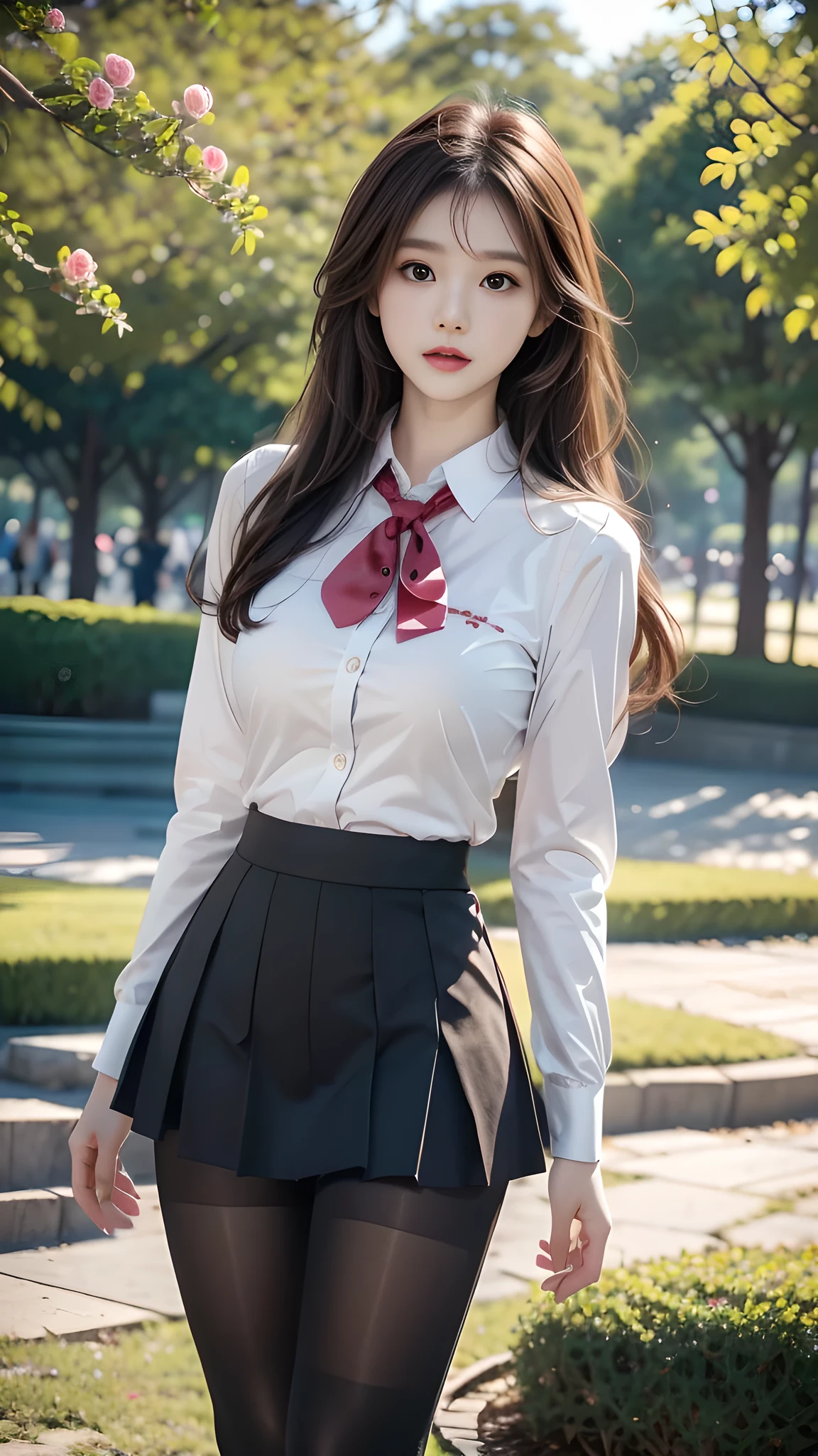 ulzzang-6500-v1.1, (RAW photo: 1.2), (Real photo), (Real photo: 1.4), 1 girl、Perfect anatomy、20 years old、Looking at the camera、Medium length hair、Uniform skirt, skirt, Holding a bouquet of roses, ((in the park: 1.1))、(Hyperrealistic tights: 1.2), (Business service)、Asian eyes Ella,