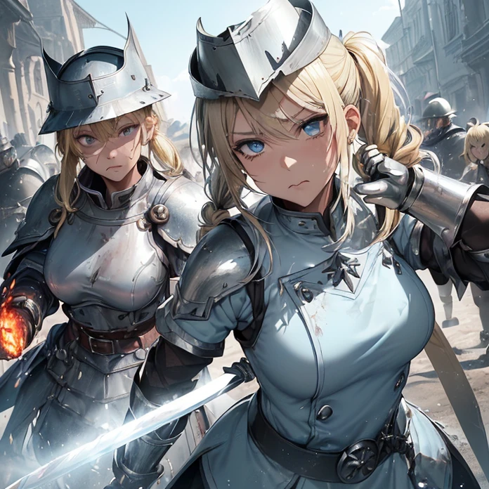 High Resolution, Masterpiece, fantasy genre, HD, High Quality, Backlighting, Overexposure, Optical Illusion, Silhouette, 
Anime Style, Apocalypse, Chaos, Digital Art, Multiple Views, warhammer fantasy aesthetic, multiple views
{{((43 years old french soldier woman: ((steel kettle-hat, blonde hair tied in two twintails, thin lips, beautiful face, furious face, beautiful light-blue eyes, blood on her face), yellow tunic, silver shoulder plates, silver elbow plates, silver steel belt, silver gauntlets(sharp steel tear shield, knight long sword)), (fighting, attacking with her his sword and blocking with her shield),(fire around the hill, several male and female foot soldiers, afternoon sky))}}