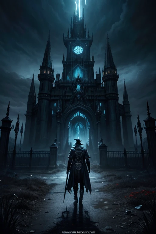 A painting of a Black Reaper standing in front of,door to hell,human face, Perfect eyes, Blooming Bloody Ghost Flower,alma,charm,frivolous,mystery,heavy metal style,metal art,Iron flowers have a metallic shine.,The texture of metal in the post-industrial era,Crystal Pendant,Jadeite inlay,Carefully crafted,Perfect craftsmanship,Blue magic lightning background,dark fantasy art,dark fantasy concept art,bloodborne conceptual art,dark concept art,Dark digital concept art,dark fantasy art style,CG Society,red blood art,Realistic dark concept art,Concept films,Art in dark fantasy style.,fantasy illustration