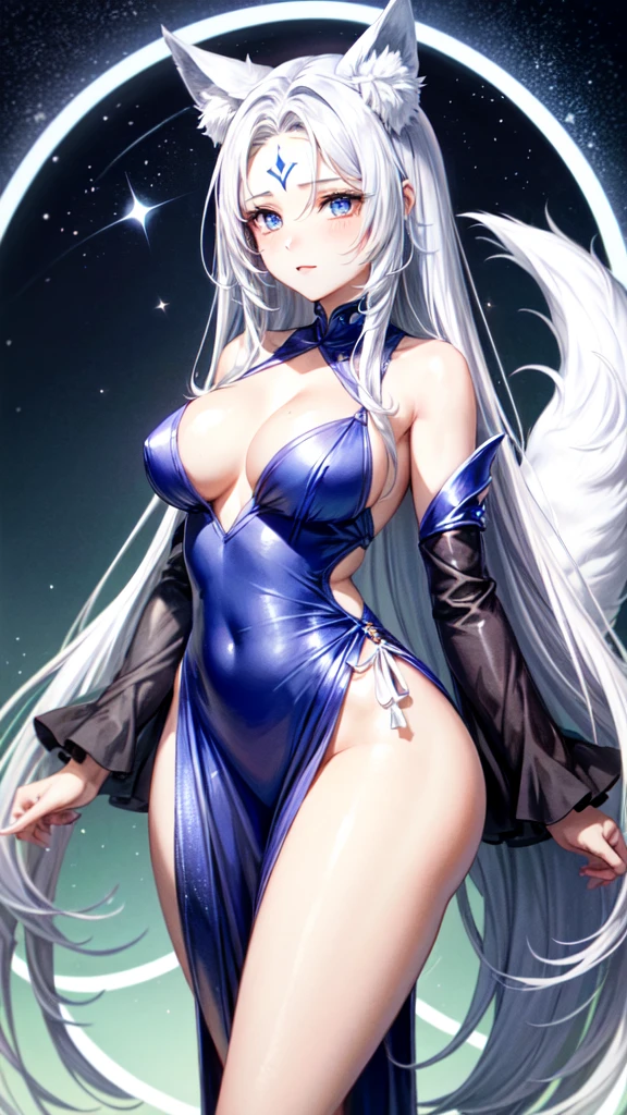 Defined female body, thick thighs, create the outfit that matches, short and long hair in white color, but with the color in blue and purple gradient at the ends, blue eyes. She has white fox ears and tail, but with blue color at the tips. Star mark on the forehead with the color blue.