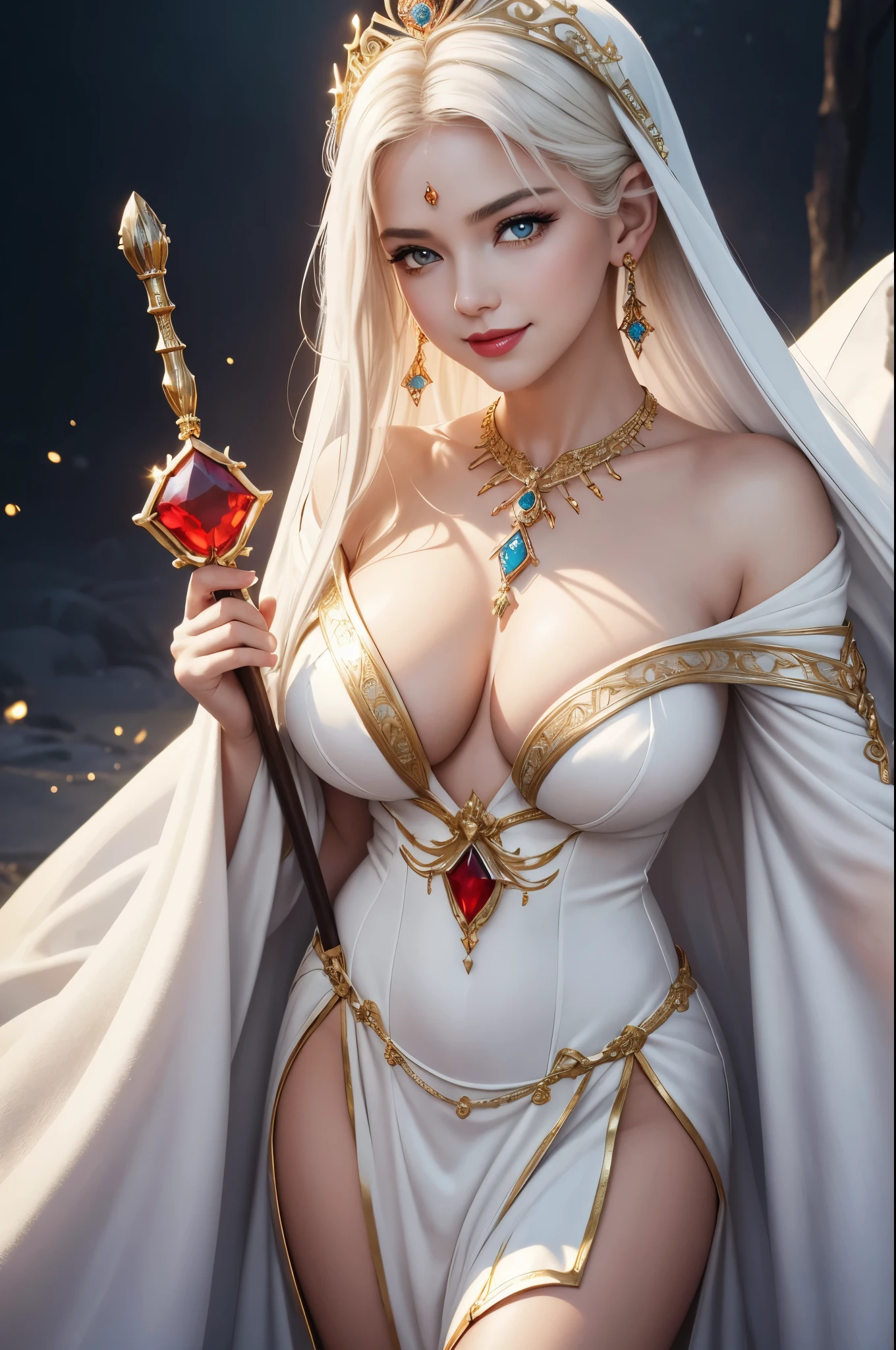 8k,American Goddess Big ,very, very big breasts,White medium bob hair,Baby Face,Close-up of a pretty person in a white goddess costume holding a sacred staff, Cute Fantasy Empress, ((Cute Fantasy Empress)), glamorous.Very detailed, Very detailed , Up to the model | Types of bacteria, Trending on cgstation, Art Station, Gorgeous white cloak,Ultra-high resolution,Ultra-Realistic Skin,Cute expression,Fantasy art,Laughter(Like the real thing),Straight hair,Golden Eyes,Red Gem Earrings,Blue gemstone necklace,Luxury White Gauntlets,Red lipstick,Red eyeshadow,Goddess Makeup,Fighting Pose,masterpiece,Photorealistic RAW photos of the highest quality。Bright colors,Rich colors, Backlight, Cinema Lighting, Film Grain, 50mm lens, Nikon D850,Beautiful expression,Fantasy art,Character Art,View your viewers,Top view,thin body type,White and gold robe,Young girl,Pure white medium bob hair,Accentuate your cleavage,Big breasted American goddess,Circlet on forehead,Perfect hands,Anatomical Hand Shape,