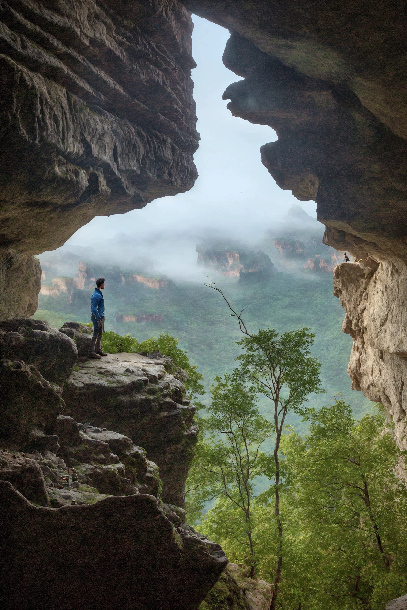 there is a man standing on a rock looking into a valley, looking into a mysterious cave, between a gorge, epic scenic shot, standing in a cave, inside a canyon, standing on the edge of a cliff, mountain gorge, huge abyss, por Peter Churcher, fog rising from head, standing on a cliff, por Lee Loughridge