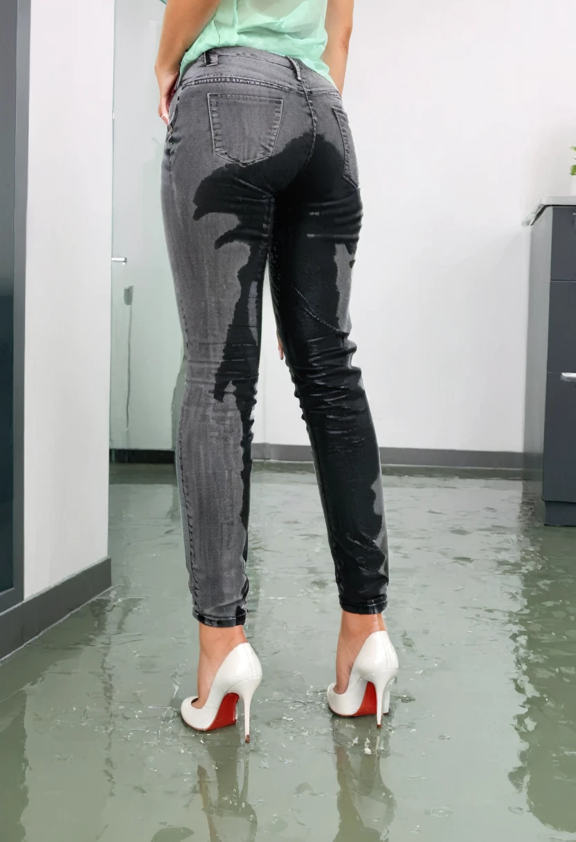 ((rear view)), attractive redhead woman wearing black skinny jeans, short curly hair, white high heel pumps, mint green blouse, standing in an office, wetting, big smile, pee stains are gleaming wet, standing in puddle of pee, ((rear view))