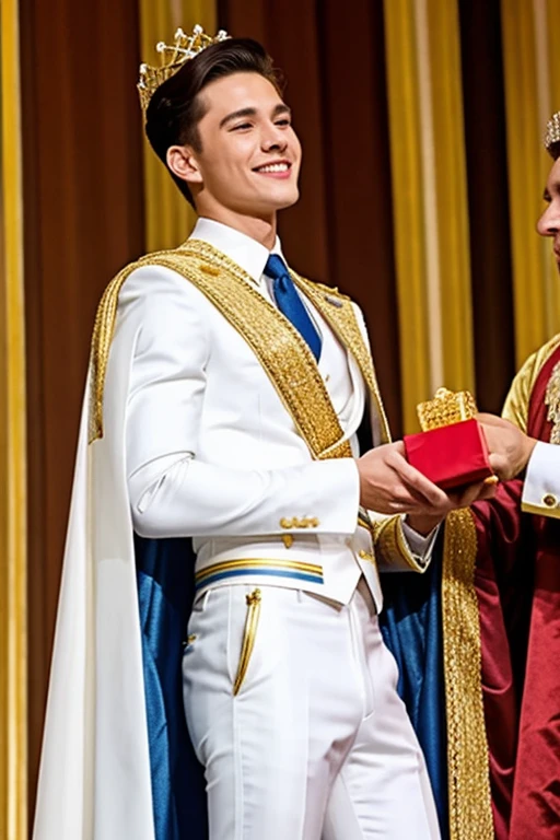 Young cute handsome man attends mister of beauty beautiful face skinny white suit and gold cape winner of crown the public applauds him and celebrates they give him a gift