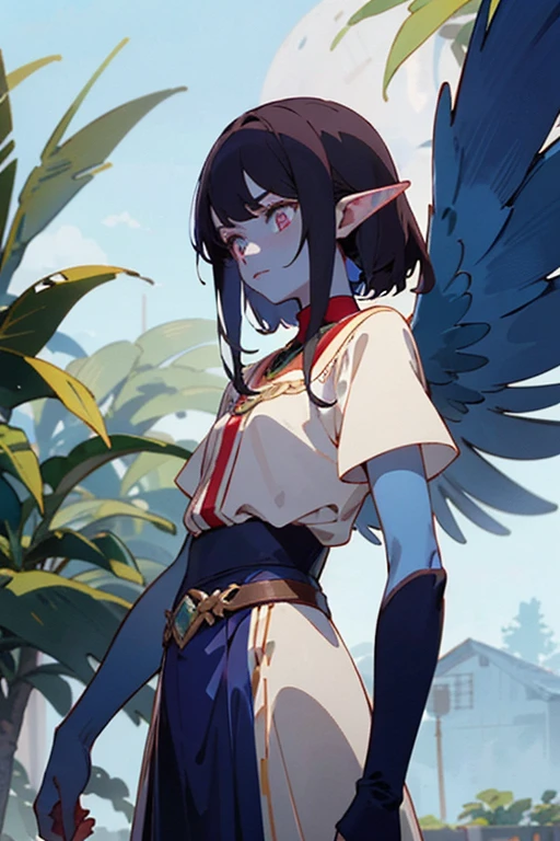 ((Best quality)), ((anime style)) A feminine man with elven ears and three pairs of small wings growing from the waist. blue skin, brilliant ruby eyes and dark hair. Against the backdrop of an elven village in a tropical forest