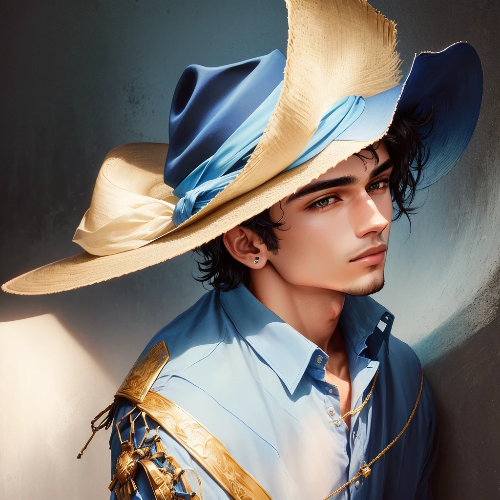 there is a man wearing a hat and a blue shirt, very very low quality picture, satisfied pose, high quality scan, potrait, low quality photo, cool pose, masterpice, very artistic pose, caio santos, from 8 k matte, raytrayced, front profile!!!!, low quality photograph, good looking face, taken with the best dlsr camera