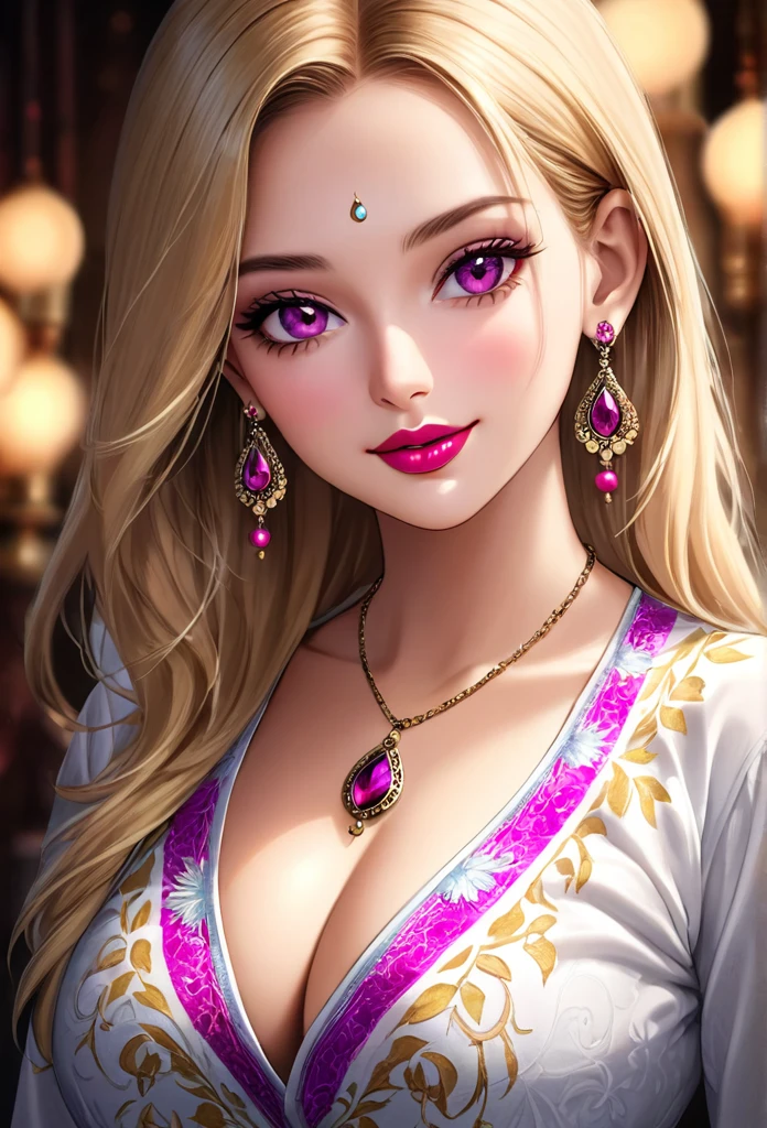 A beautiful young woman, 1girl, hourglass figure, seductive pose, printed design white kurta and pajma, silky blunt blonde hair, heavy silver jhumka earrings, necklace , anklet,, detailed face with stunning magenta eyes, full lips, flawless makeup, dark cinematic lighting, dramatic photorealistic effect, masterpiece-level 8K rendering, ultra-detailed, realistic, photo-realistic, HDR, UHD, studio lighting, ultra-fine painting, sharp focus, physically-based rendering, extreme detail description, professional, vivid colors, bokeh, smiling
