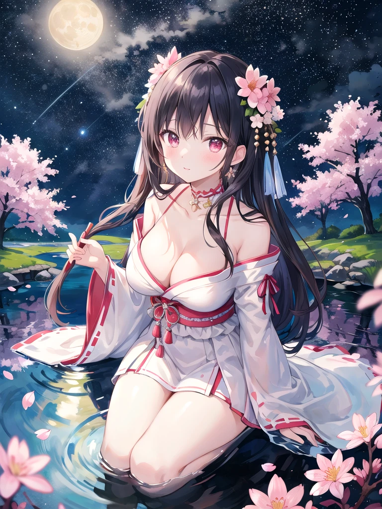 (masterpiece)、(Highest quality)、((Very detailed))、(Very delicate)、Beautiful shiny hair、Beautiful breasts、Gorgeous Japanese clothing、Her shoulders were exposed.、Cleavage、Looking up from below、By the pond at night、Amazing starry sky、Fantastic Moon、Blooming cherry blossoms