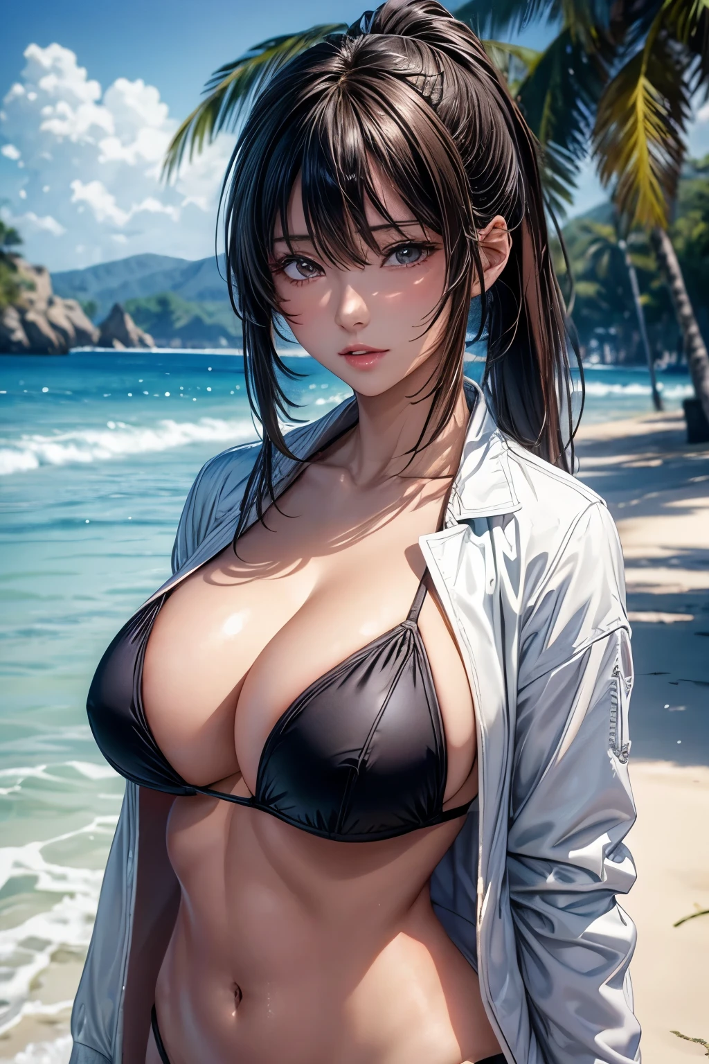 Shiny skin:1.5,masterpiece, Highest quality, Beautiful woman, Expressionless, Beach, bangs、sexyな女性、Perfect body、Perfect Face、Beauty、Realistic、ponytail, bikini, White jacket, Big Breasts:1.2, sexy,Upper Body