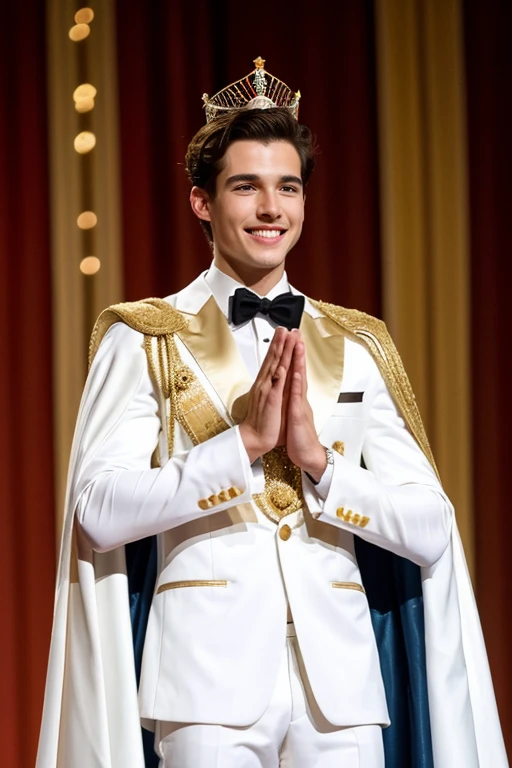 Young cute handsome man attends mister of beauty beautiful face skinny white suit and gold cape winner of crown the public applauds him and celebrates they give him a gift