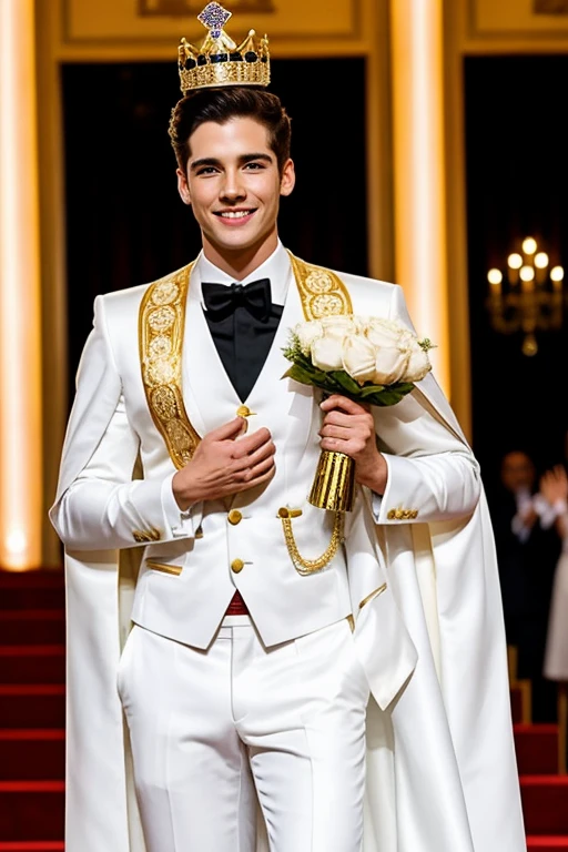 Young cute handsome man attends mister of beauty beautiful face skinny white suit and gold cape winner of crown the public applauds him and celebrates they give him a gift