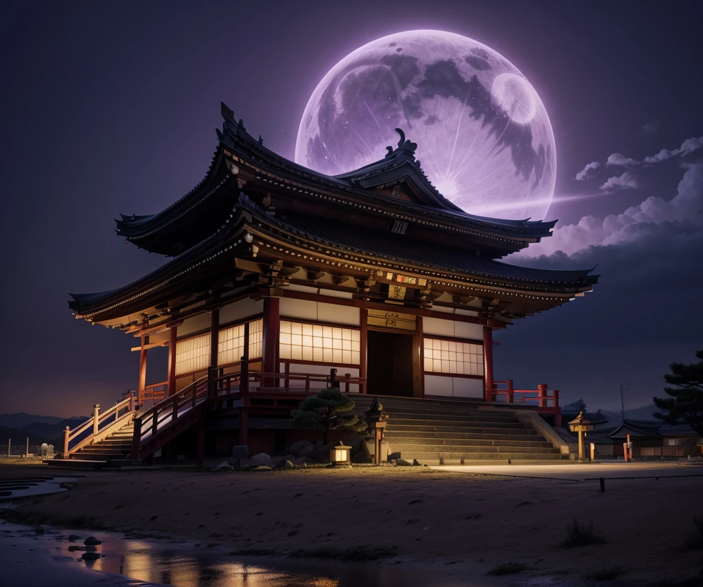 Japanese temple of the god Amaterasu seen from the front, around purple flames and white sky with black clouds with a purple sun in the sky