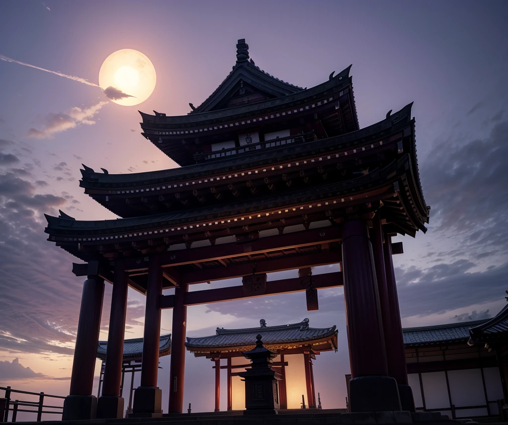 Japanese temple of the god Amaterasu seen from the front, around purple flames and white sky with black clouds with a purple sun in the sky