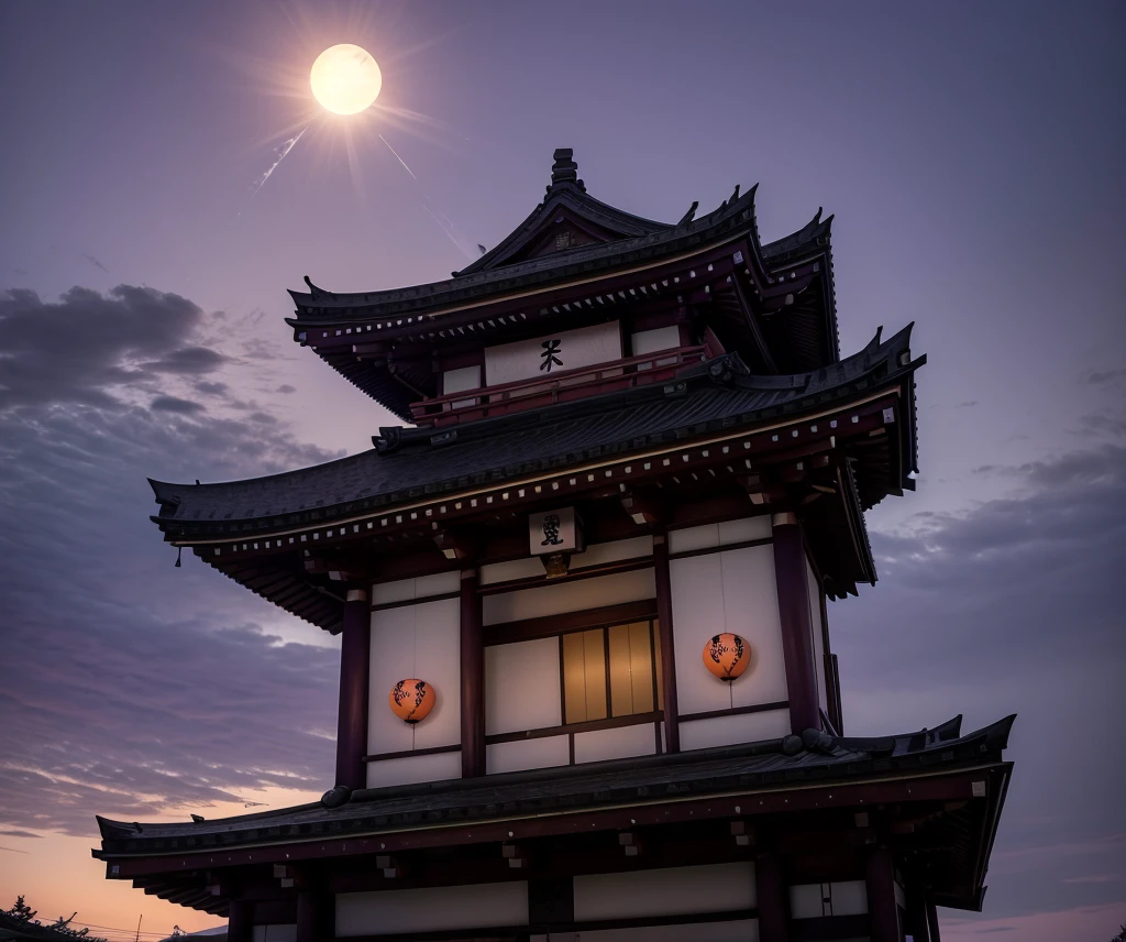 Japanese temple of the god Amaterasu seen from the front, around purple flames and white sky with black clouds with a purple sun in the sky