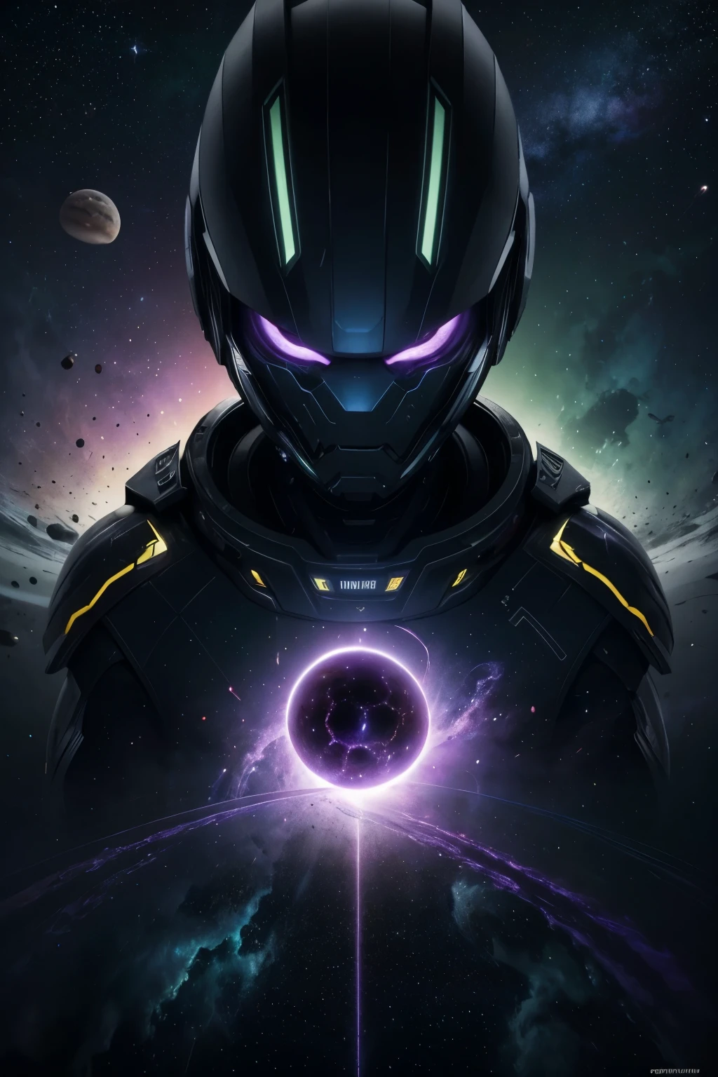 General Scenario:

A vast spiral galaxy with millions of bright stars, colorful nebulae and diverse planets spread across space.
The galaxy has predominantly bluish and purple tones, with nebulae and stars varying in colors from orange, amarelo e branco.
Invasion of Purple ETs:

On the left side of the image, several spaceships of futuristic and sinister design, all in shades of dark purple and black, are emerging from a glowing interdimensional portal.
Each ship has a bright purple alien symbol and pulsating lights..
Small troops of purple ETs, with scaly skin and glowing eyes, are being teleported to different planets in the galaxy.
The Green Protagonist:

In the center of the scene, the protagonist, a glowing green-skinned alien hero, is in your spaceship.
The hero&#39;s ship has a stylish design, with green lights and aerodynamic lines. It is positioned at a dynamic angle, pronta para a batalha.
The protagonist is outside the ship, Floating in space, wearing an advanced space suit that highlights his slender, muscular figure.
He holds a futuristic weapon that emits an intense green glow., indicating that it is ready to face the invaders.