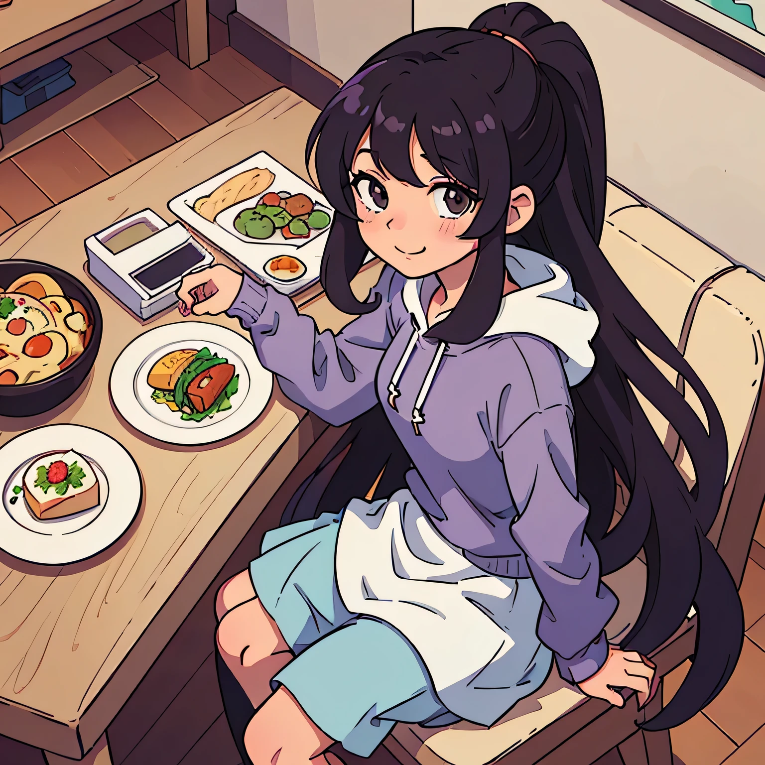 (Highest quality:0.8) Perfect anime illustration, cute, Happy woman with long curly brown hair, Wearing a hoodie, skirt,Sitting around the dining table,lunch