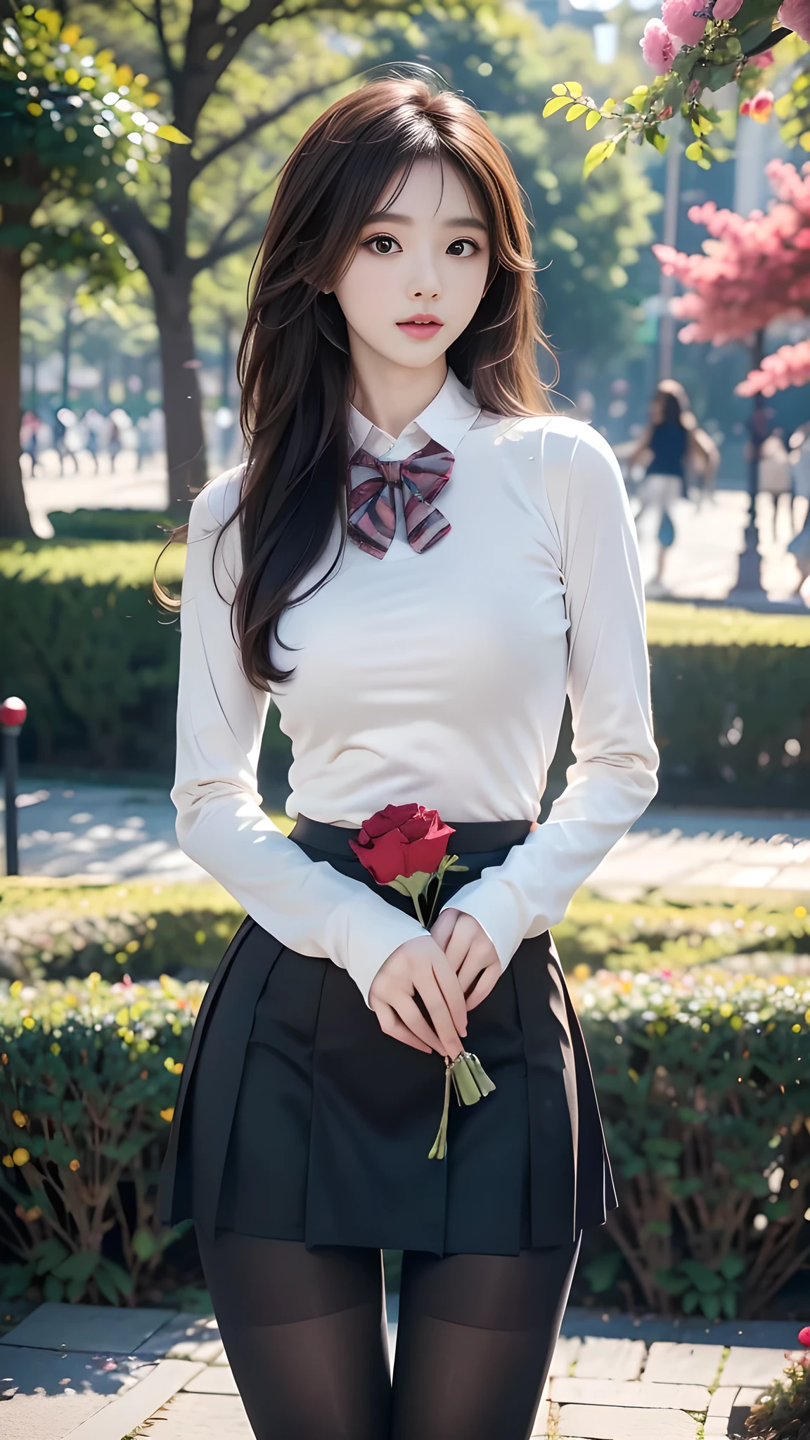 ulzzang-6500-v1.1, (RAW photo: 1.2), (Real photo), (Real photo: 1.4), 1 girl、Perfect anatomy、20 years old、Looking at the camera、Medium length hair、Uniform skirt, skirt, Holding a bouquet of roses, ((in the park : 1.1))、(Hyperrealistic tights: 1.2), (Business service)、Asian eyes Ella,