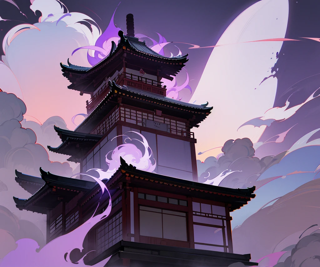 Japanese temple of the god Amaterasu seen from the front, around purple flames and white sky with black clouds with a purple sun in the sky