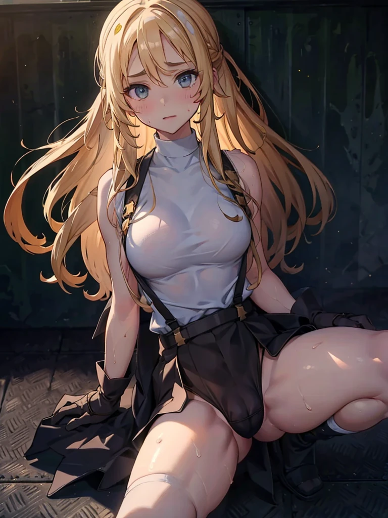 Barely,((masterpiece, Highest quality)), Detailed face, Character Sheet, peeing, squatting, ((((Emphasizes sexy crotch:1.35)))、((((Spread your legs wide、Touching the thigh、Lots of pubic hair revealing the crotch、large pointy breasts)))), Embarrassing, blush,Yellow pee, (sweating:1.4),nude, Peeing