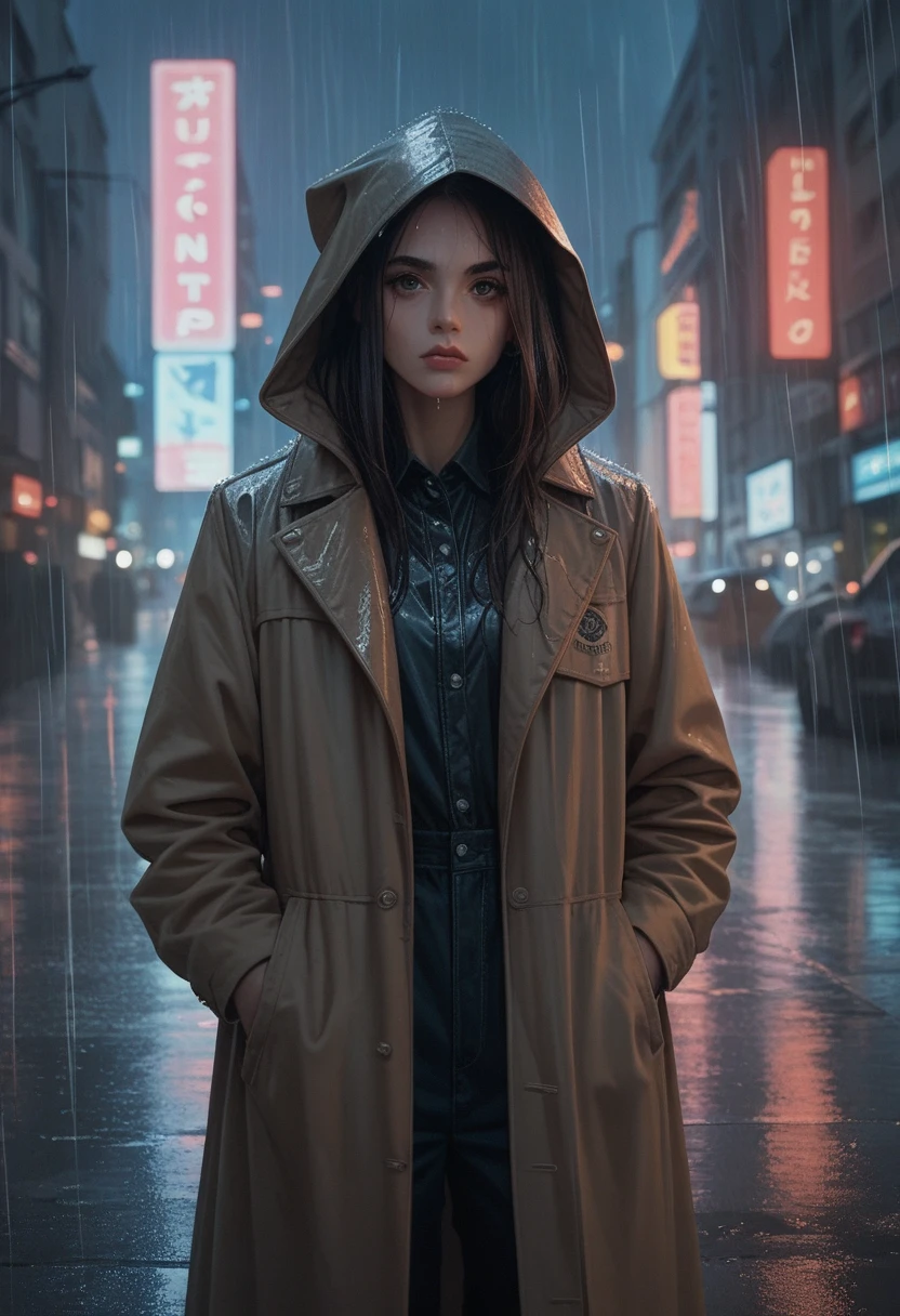 1girl,night city,rain,coat,hands in pockets