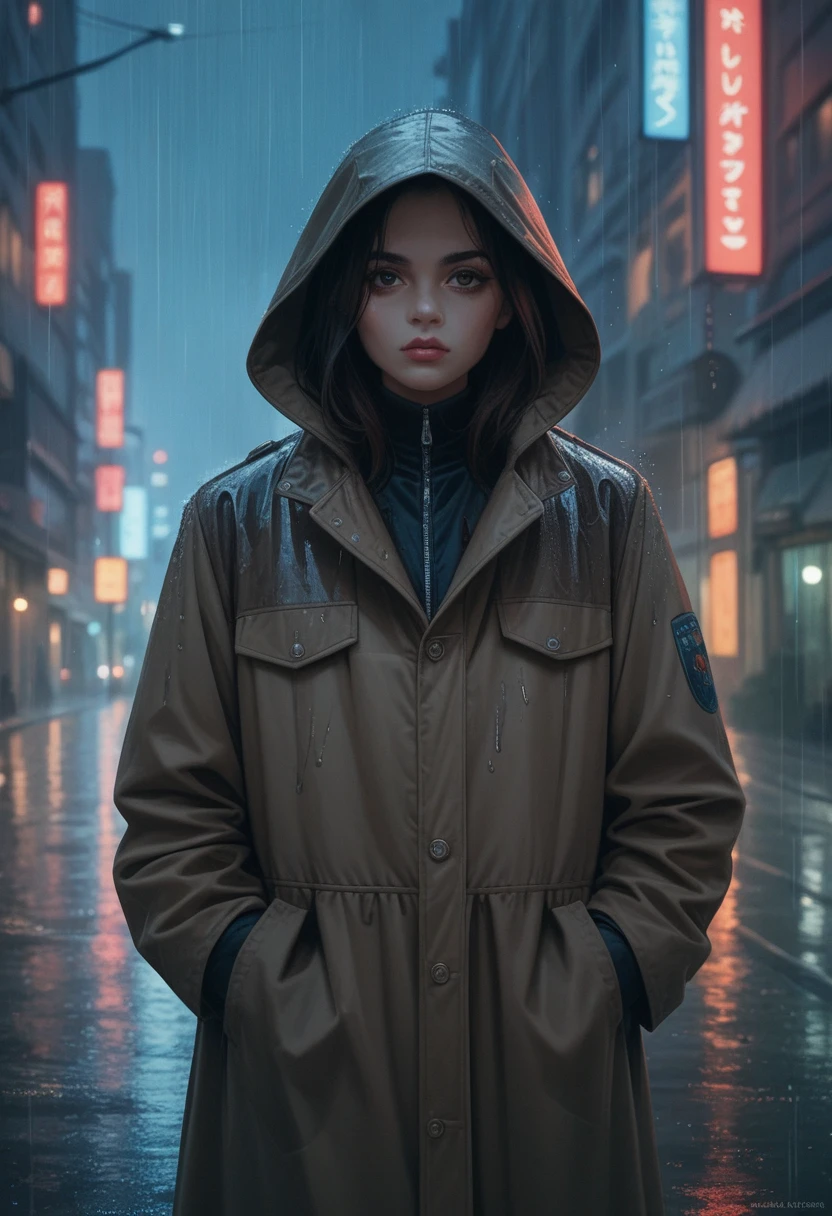 1girl,night city,rain,coat,hands in pockets
