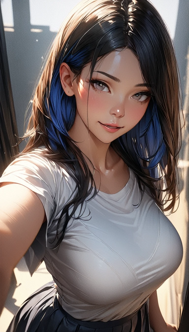 (masterpiece: 1.2, 最high quality), Realistic, (Realistic Picture, Intricate details, Depth of written boundary), 最high quality, masterpiece, Very detailed, (high quality, 8k, 4K, High Contrast, masterpiece:1.2, 最high quality, Best aesthetics), 1 female, (Realistic skin texture:1.3), (Film Grain:1.3), (Selfie angle, High Angle), One Girl, Beautiful and detailed eyes and face, 最high quality, close, Cowboy Shot Black Hair , Disposable mask, blue hair inner, white shirt, dark blue skirt (Show off a black bra)