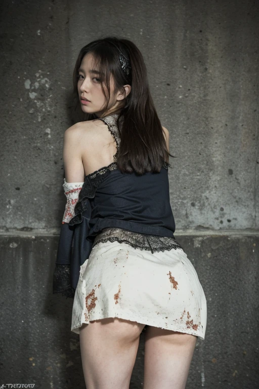 Japanese movie style，best quality，((Dramatic:1.2))，((original photography:1.3))，Night view，2 women, Tattered clothes，((Lace skirt:1.2))，破裂的Lace skirt，Milky lotion on short skirt，Behind is a dilapidated wall，Madness，Drunk，Show your butt