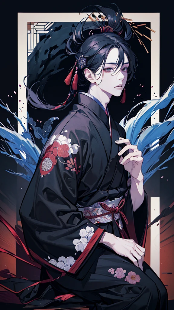 A man, wearing plain black kimono, BRAEK, ((put on a Haori with a painted river and willows:1.5)), ((standing full body shot:1.4)), geta shoes, ink painting style, (best quality,4k,8k,highres,masterpiece:1.2),ultra-detailed,(realistic,photorealistic,photo-realistic:1.37),extremely detailed face and body, detailed eyes, detailed nose, detailed lips, detailed hair, dramatic lighting, moody atmosphere, vibrant colors, traditional Japanese aesthetic,((black background))
