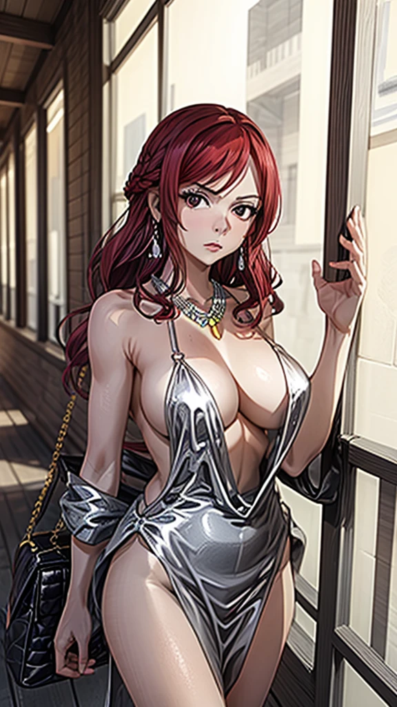 85mm lens, 1girl, 3d, bag, bangs, bare_shoulders, breasts, cleavage, depth_of_field, dress, earrings, jewelry, large_breasts, long_hair, looking_at_viewer, necklace, outdoors, pearl_necklace, photorealistic, plunging_neckline, realistic, solo, breasts out, Erza Scarlett, 1girl, solo, red hair, long hair, breasts,cleavage, evening gown, plunging neckline, stlouis
