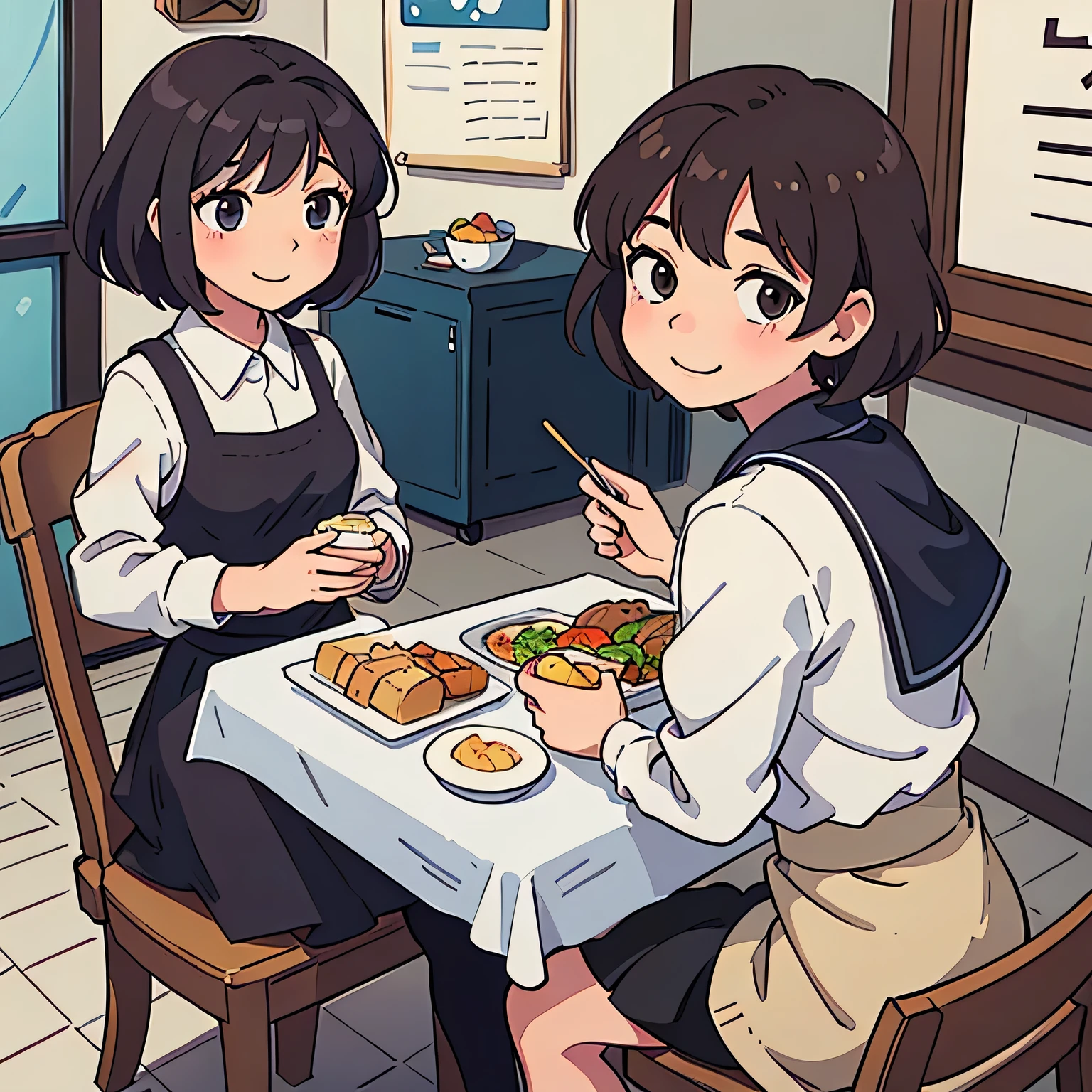 (Highest quality:0.8) Perfect anime illustration, cute, Happy woman with short brown hair, skirt,Sitting around the dining table,lunch