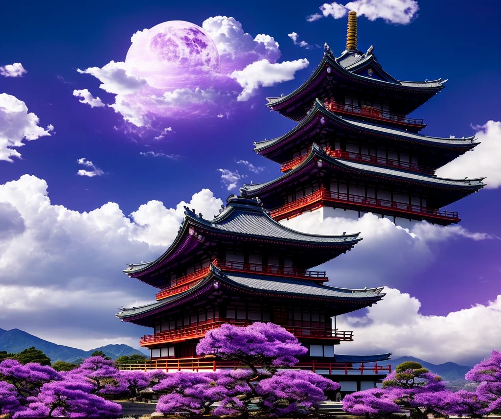 Japanese temple of the god Amaterasu seen from the front, around purple flames and white sky with black clouds with a purple sun in the sky