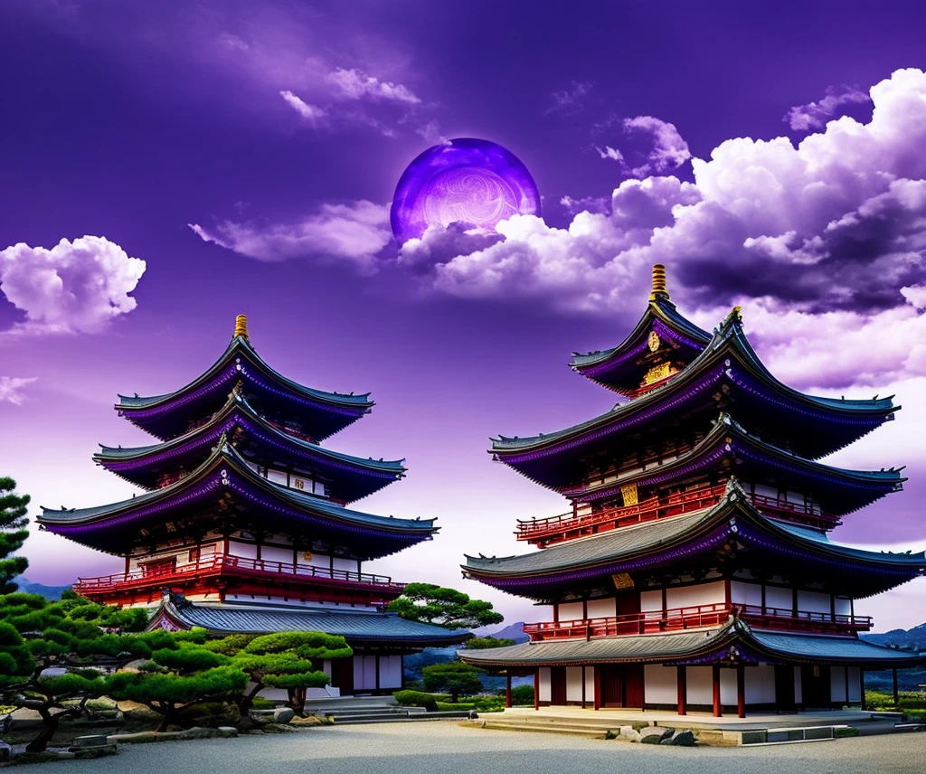 Japanese temple of the god Amaterasu seen from the front, around purple flames and white sky with black clouds with a purple sun in the sky